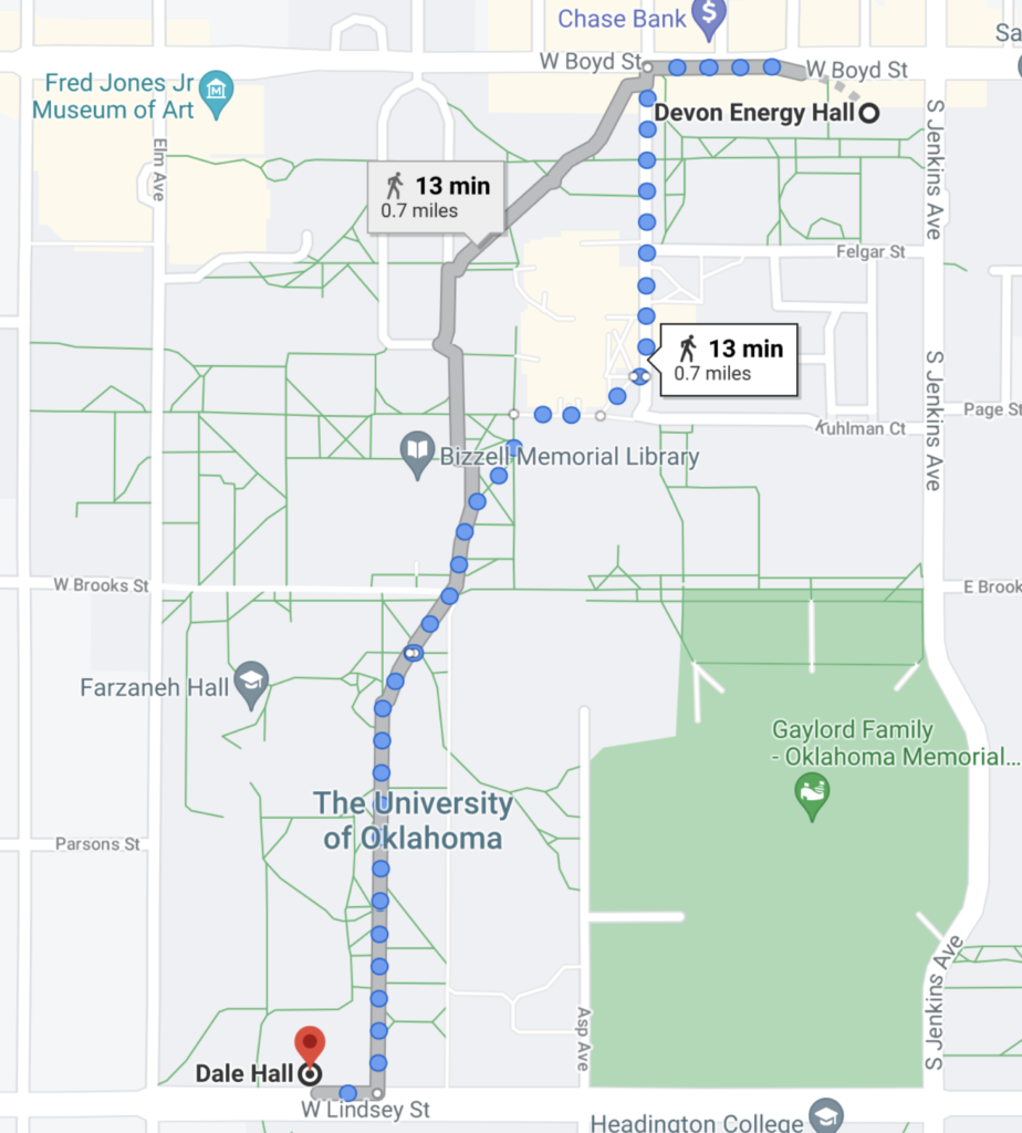 walking path results from google on OU main campus